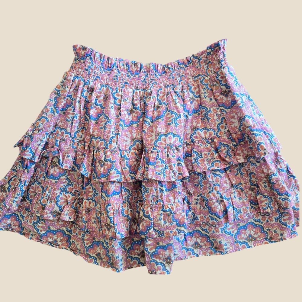 Boden Girls Pink Blue Paisley Floral Tiered Ruffle Skort Metallic Gold 8-9Y